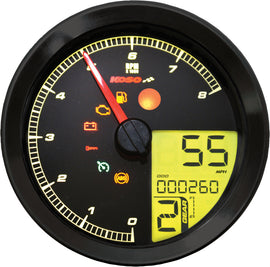 Koso North America Speedo and tachometer with black bezel and color-changing LCD display showing speed and RPM readings.