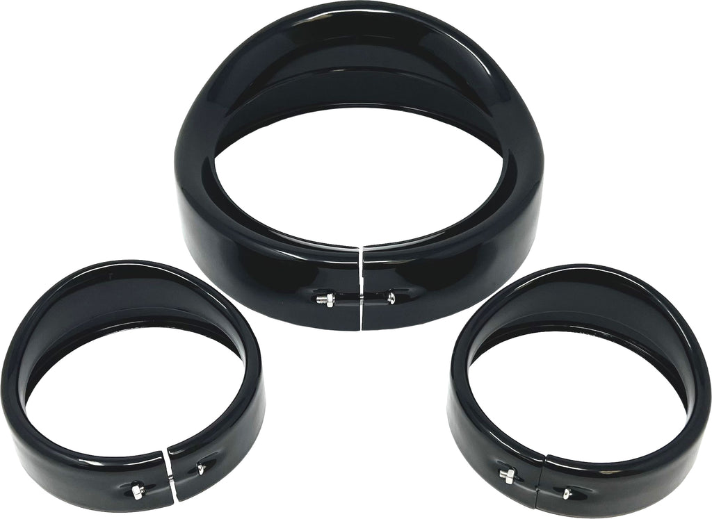 Letric Lighting Co 7-inch gloss black head and pass lights with frenched visor kit, for automotive electrical lighting installation.