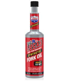 LUCAS Synthetic Fork Oil 15W in a 16 oz bottle, used in motorcycle or bike forks, shown in the product image.
