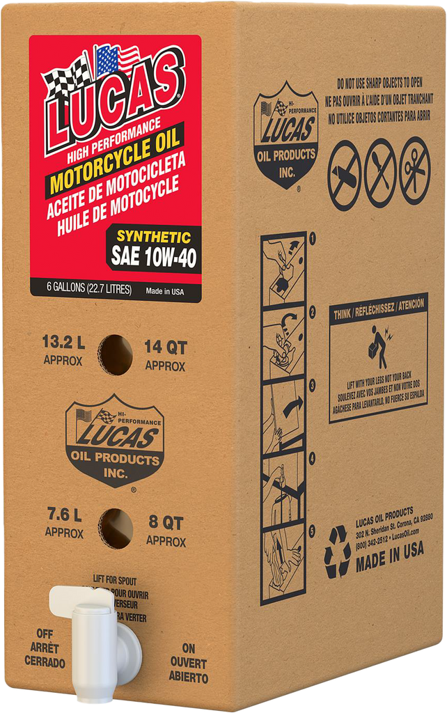 LUCAS Synthetic High Performance Oil 10w40 in a 6-gallon bib container, designed for automotive engine lubrication and protection.