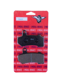 Lyndall Racing Brakes brake pad for Fr Z+ motorcycle, showing a close-up of the Lyndall Racing Brakes logo and brake pad material.