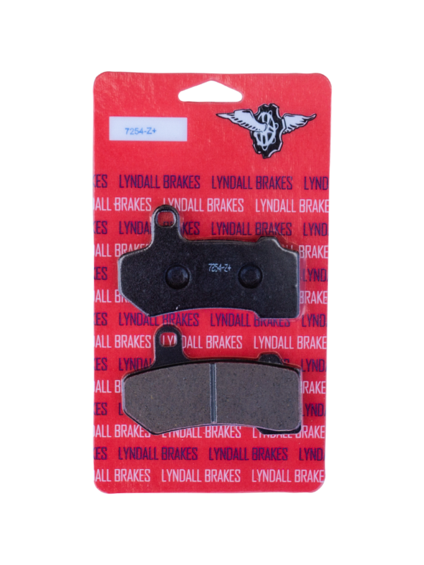 Lyndall Racing Brakes brake pad for FR Z+ racing cars, showing the black friction surface and metal backing plate.