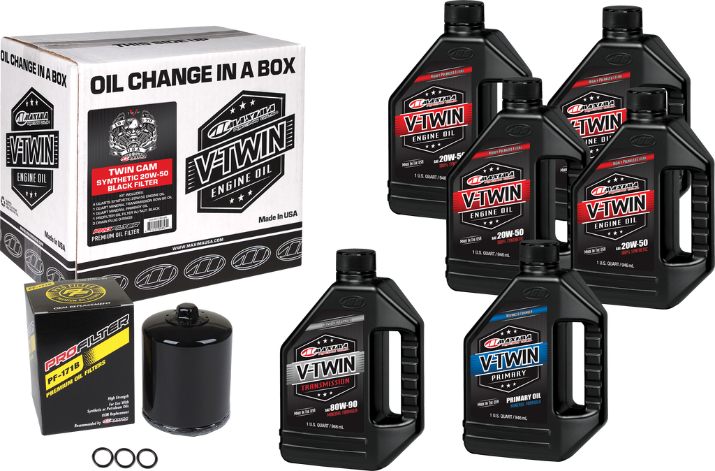 Maxima V-Twin synthetic oil change kit with black filter, designed for motorcycle maintenance, includes tools and filter for easy oil change.