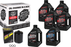 Maxima V-Twin synthetic oil change kit with black filter, designed for motorcycle maintenance, includes tools and filter for easy oil change.