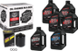 Maxima V-Twin synthetic oil change kit with black filter, designed for motorcycle maintenance, includes tools and filter for easy oil change.