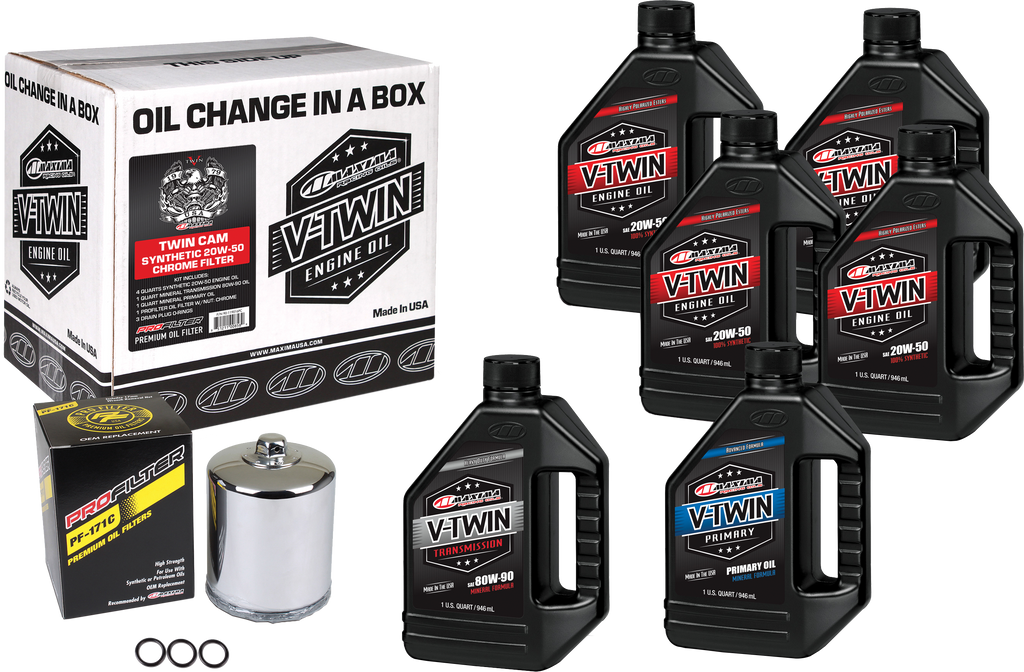 Maxima V-Twin synthetic oil change kit with TC Chrome filter for motorcycle engine maintenance, includes tools and filter.
