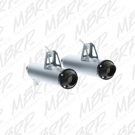 MBRP Exhaust dual slip-on system with black tips and performance muffler, designed for enhanced exhaust sound and performance.