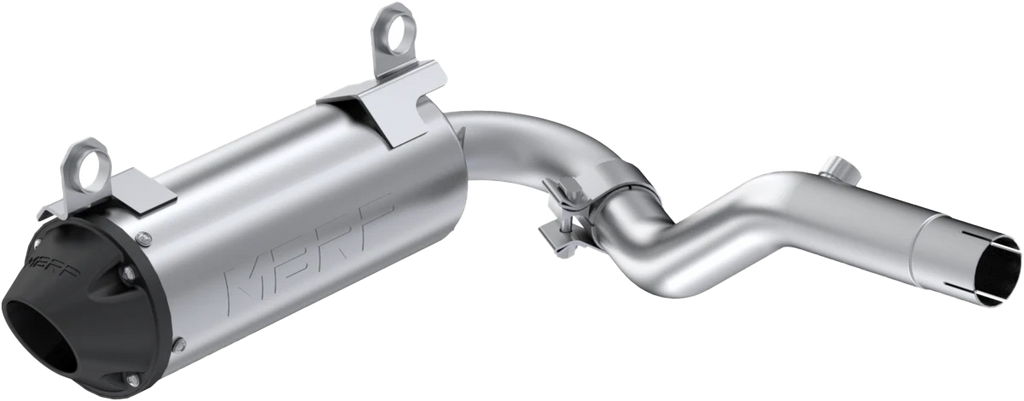 MBRP Exhaust single slip-on system with 5-inch performance muffler and black tip, designed for enhanced vehicle exhaust performance.