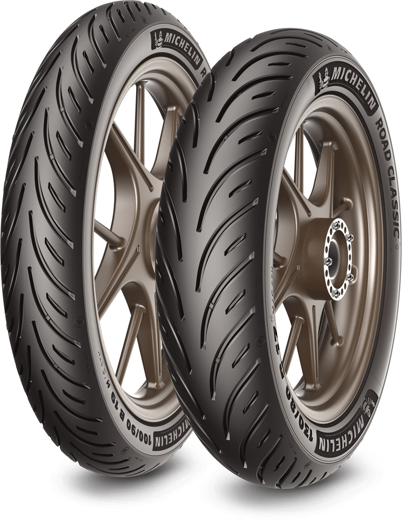 Michelin Road Classic rear motorcycle tire 130/70B18 63H bias-tube tire, designed for vintage-style riding and durability.