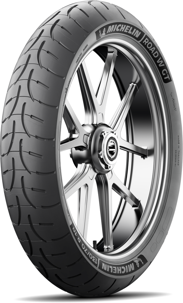 Michelin Road W GT front tire 130/70R18 63H radial tubeless tire with tread pattern for motorcycle riding.