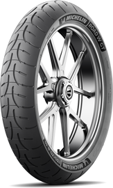 Michelin Road W GT front tire 130/70R18 63H radial tubeless tire with tread pattern for motorcycle riding.