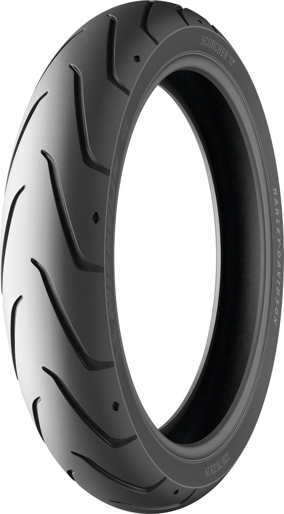 Michelin Tire Scorcher 11F front motorcycle tire 120/70ZR18 radial design with 59W load and speed ratings, shown mounted on a wheel.