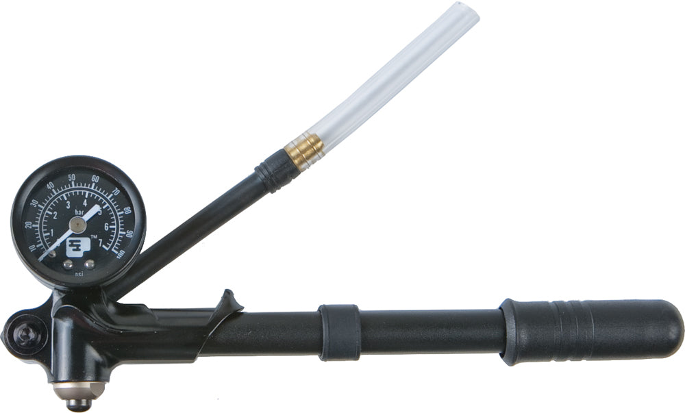 Mikuni Carburetor Leak Detector tool with 100 PSI pressure gauge and hose for testing motorcycle carburetors.