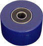 Blue ModQuad drive chain roller with bearing, showing the durable metal construction and integrated bearing for smooth operation.