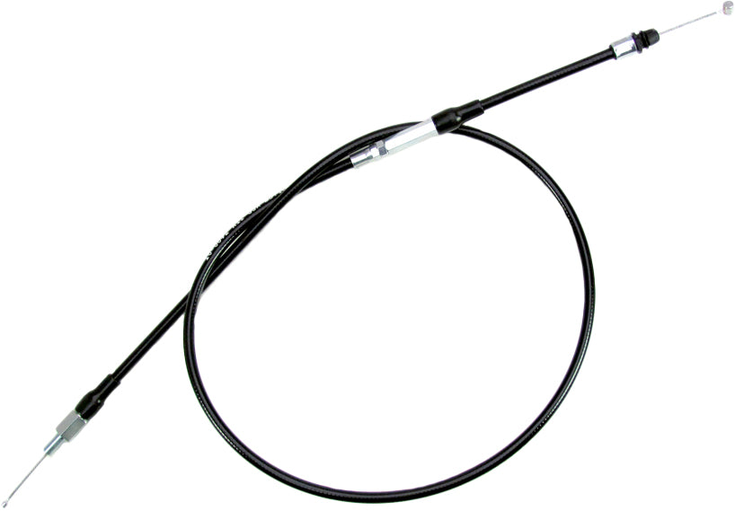 Motion Pro black vinyl throttle cable 70-0092 with metal fittings, designed for motorcycle control lines, shown coiled with connectors visible.
