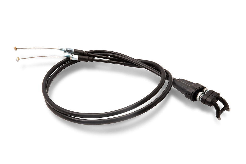 Motion Pro black vinyl throttle cable set for KTM, Husqvarna, and Gas Gas bikes, featuring push-pull control lines.