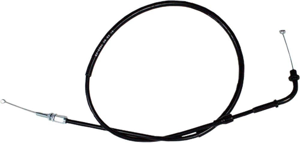 Motion Pro black vinyl throttle pull cable for motorcycle control lines, featuring a durable, flexible design with metal fittings.