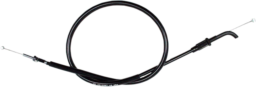 Motion Pro black vinyl throttle pull cable for motorcycles, showing the sturdy cable and protective outer coating.