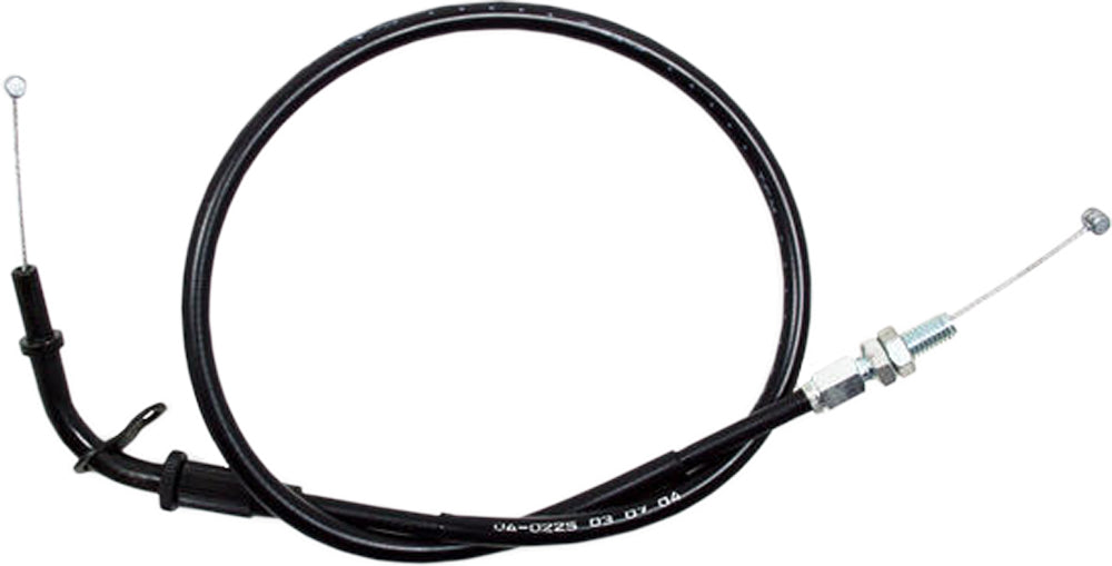 Motion Pro black vinyl throttle pull cable for motorcycle control lines, featuring a durable braided exterior and metal fittings.