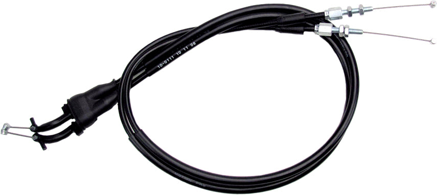 Motion Pro black vinyl throttle push-pull cable set for motorcycle control lines, featuring durable cables with secure fittings.