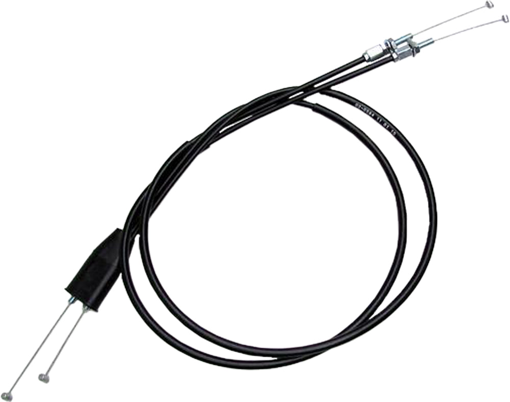 Motion Pro black vinyl throttle push-pull cable set for motorcycle control lines, showing the cable and connectors in detailed view.