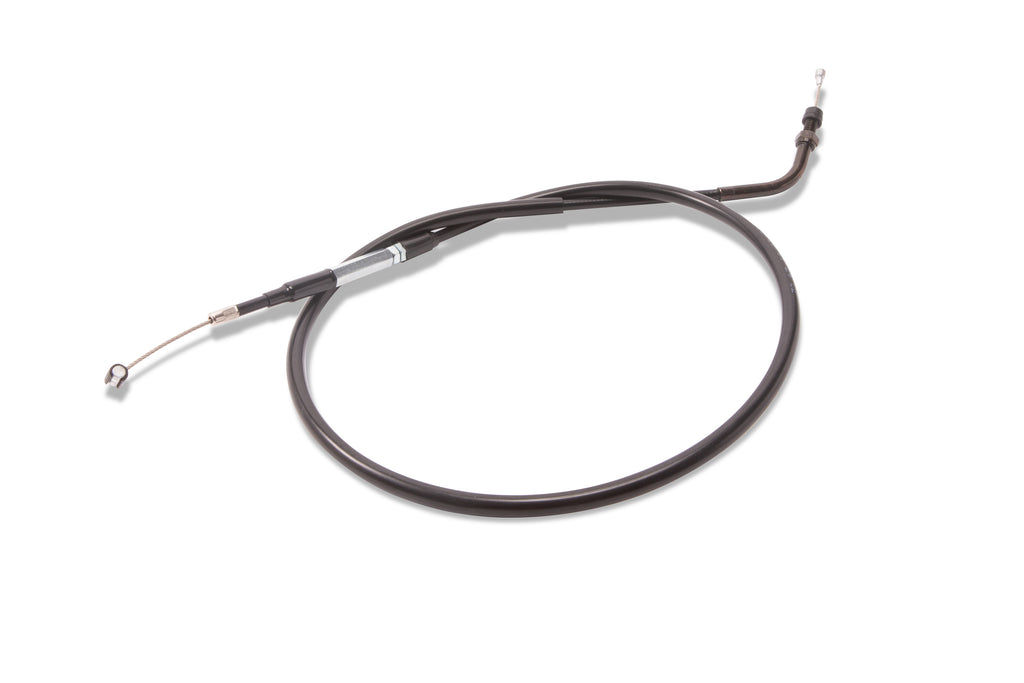 Motion Pro clutch cable, hydraulic control line for motorcycle, durable black cable with metal fittings, detailed close-up.