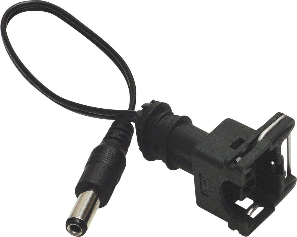 Motion Pro EV1 Fuel Injector Cleaner Pigtail for tools, black connector with wiring for motorcycle fuel system maintenance.