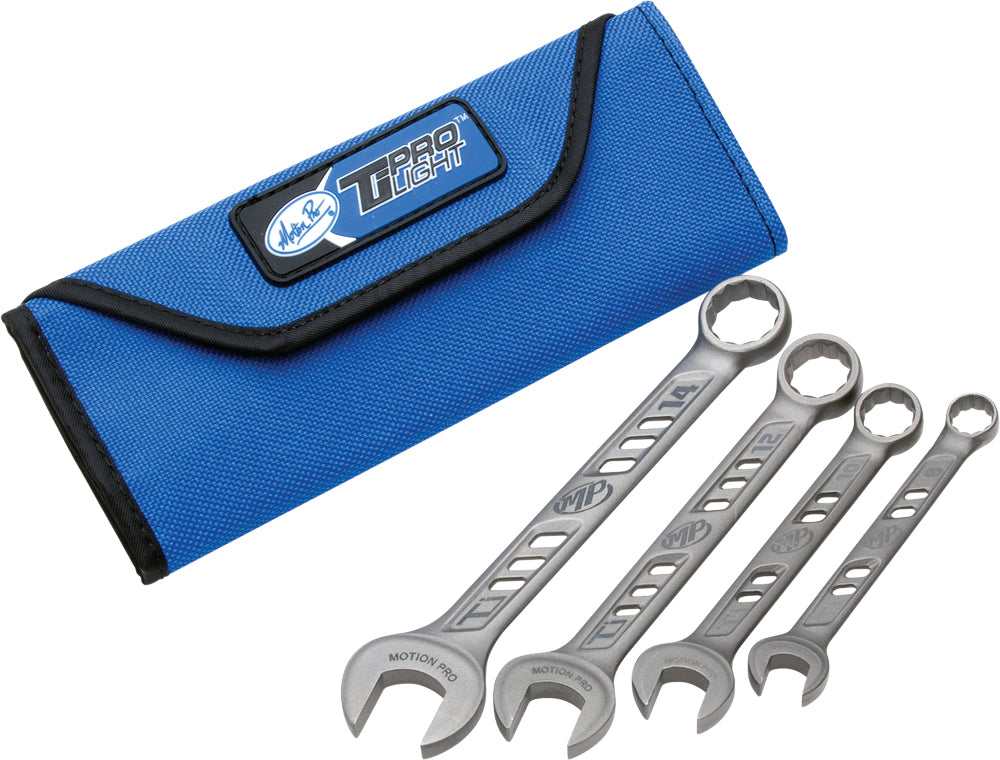 Motion Pro Ti Prolight titanium wrench set with 8, 10, 12, and 14-inch wrenches displayed on a workbench.