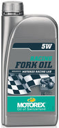 Motorex Low Friction Racing Fork Oil 5W bottle, 1 liter, used for motorcycle suspension maintenance and performance.