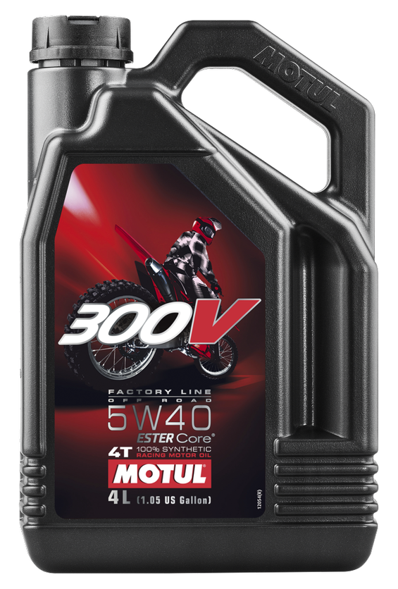 Motul 300V Competition 4T 5W40 synthetic motor oil for off-road motorcycles, 1-liter container, high-performance engine lubricant.