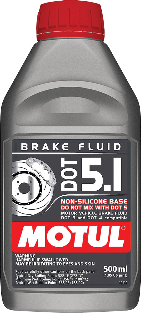 Motul Dot 5.1 brake fluid in a 0.5L container, automotive brake fluid chemical for vehicle braking systems.