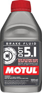 Motul Dot 5.1 brake fluid in a 0.5L container, automotive brake fluid chemical for vehicle braking systems.