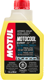 Motul Motocool Expert coolant 1L bottle, automotive chemical for motorcycle cooling systems, with a 12-pack case.
