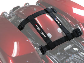 Black Nelson-Rigg Route 1 under seat attachment straps, motorcycle accessories, with adjustable straps and secure fastening.