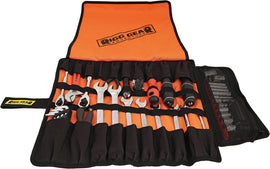 Nelson-Rigg Trailsend large tool roll with multiple compartments, black fabric, and zipper closure for organized tool storage.