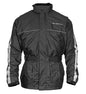 Nelson-Rigg Solostorm black jacket in large size, lightweight and waterproof, shown on a hanger.