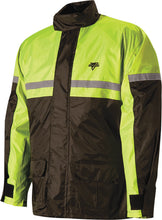 Load image into Gallery viewer, Nelson-Rigg Stormrider rain suit in black and hi-vis yellow, size medium, shown laid flat on a white background.