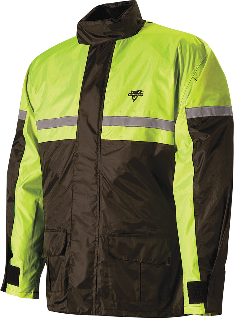 Nelson-Rigg Stormrider Rain Suit in black and hi-vis yellow, size small, showing waterproof fabric and reflective accents.