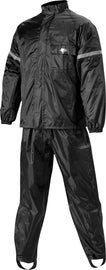 Nelson-Rigg Weatherpro rain suit in black, small size, shown folded with waterproof material and adjustable hood for outdoor protection.