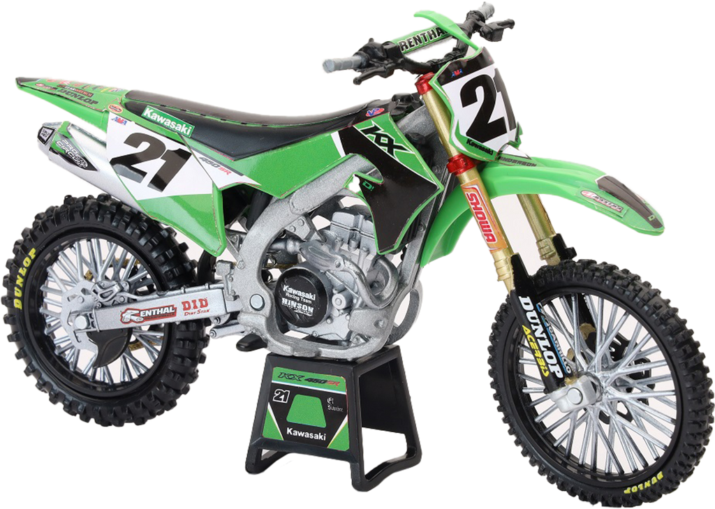 Detailed view of New Ray Toys 1:12 scale Kawasaki KX450F motorcycle accessory featuring Jason Anderson #21 design.