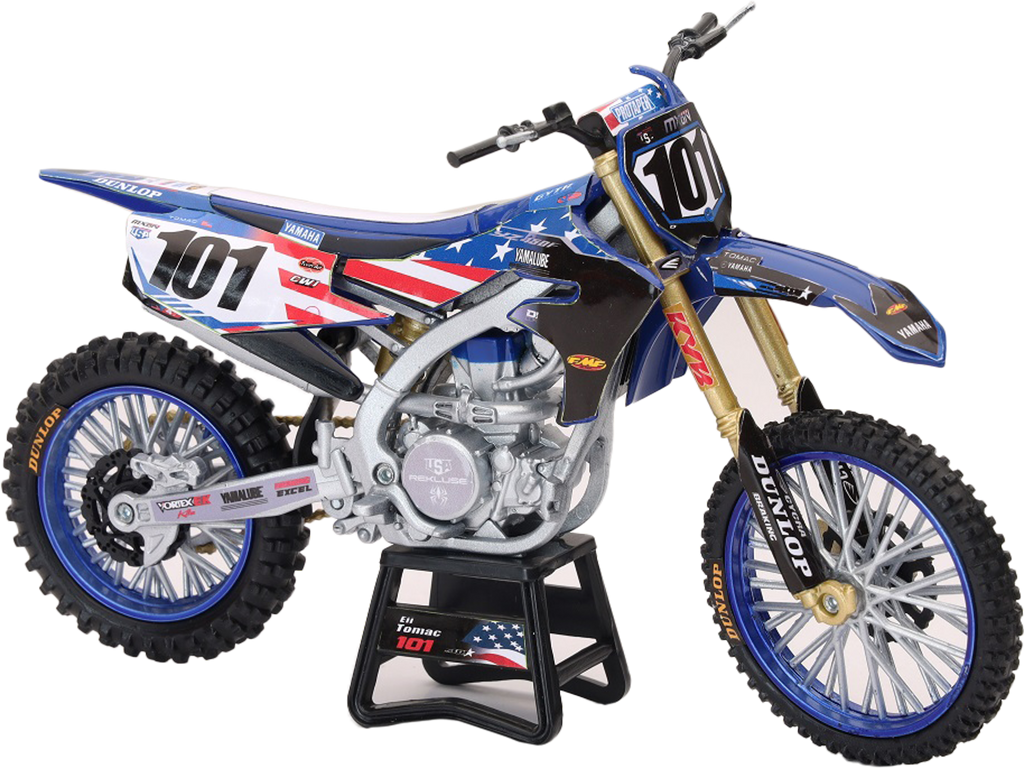 New Ray Toys 1:12 scale Yamaha YZ450F Eli Tomac motocross bike accessory, detailed model with vivid graphics and realistic features.