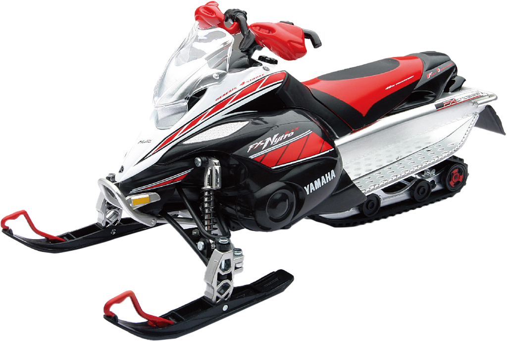 Detailed image of a New Ray Toys 1:12 scale Yamaha FX snowmobile model, showcasing realistic accessories and design details.
