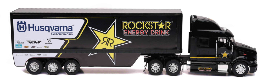 New Ray Toys 1:32 scale Rockstar Husqvarna racing transporter rig with detailed accessories for remote control motorcycle display