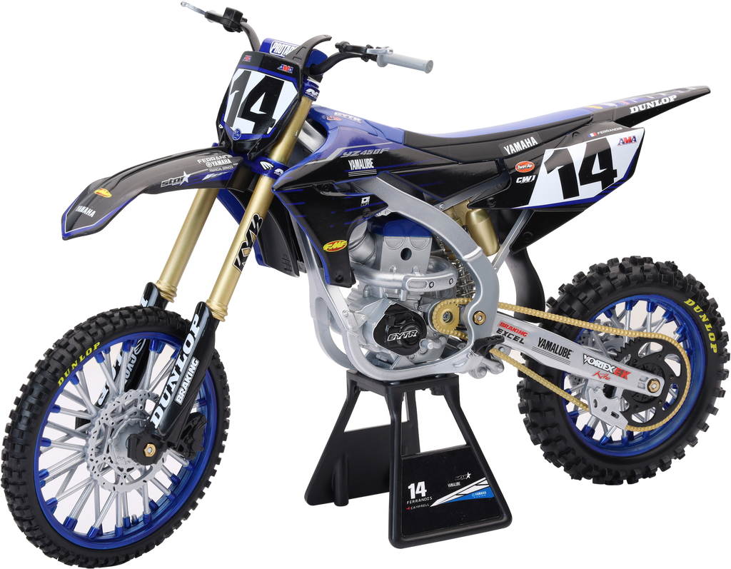 New Ray Toys 1:6 scale Yamaha Factory Team YZ450 Dylan Ferandis accessory featuring detailed motorcycle parts and branding.