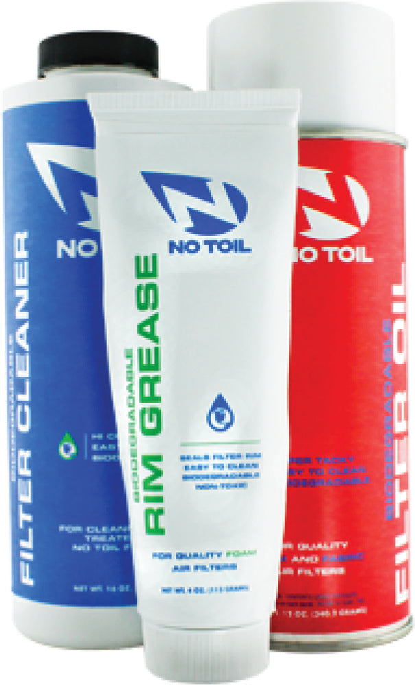 No Toil Filter Maintenance Kit 3-pack with chemicals for cleaning and maintaining motorcycle or air filters.