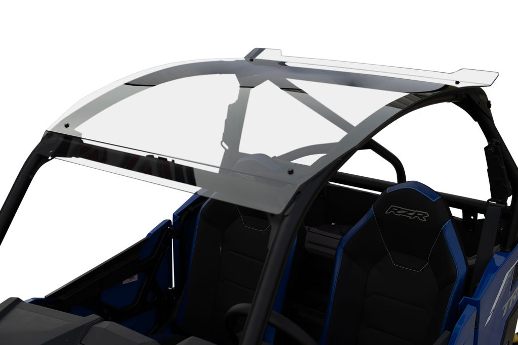 Open Trail tinted UTV roof cab door with open trail branding, designed for off-road vehicles and outdoor adventures.