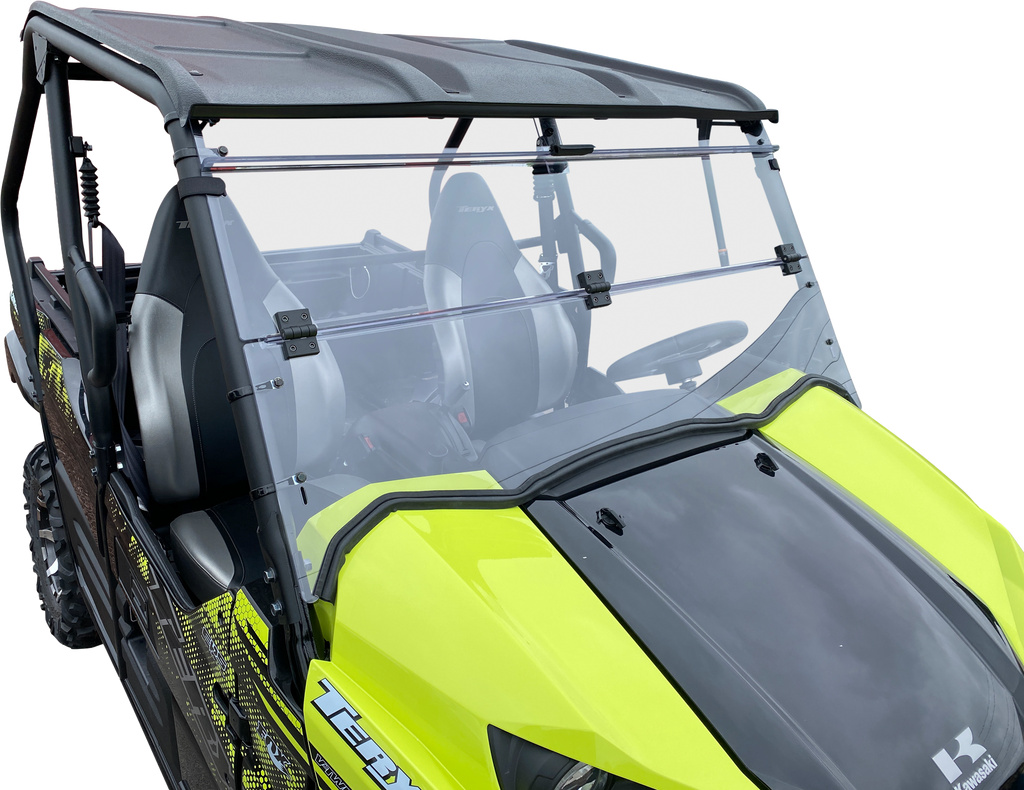 Open Trail folding windshield for off-road vehicles, clear windscreen with folding design, durable and lightweight construction.