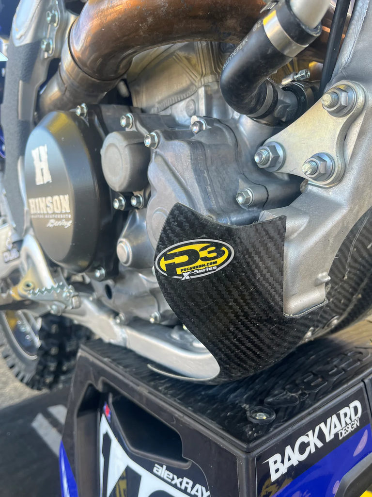 Carbon fiber P3 skid plate guard for Yamaha 670-307054, designed to protect the underside of the motorcycle.
