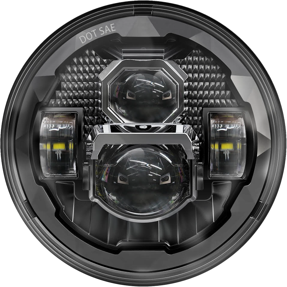 Pathfinder 7-inch LED headlight in rugged black with ultra view illumination, designed for enhanced visibility and durability.