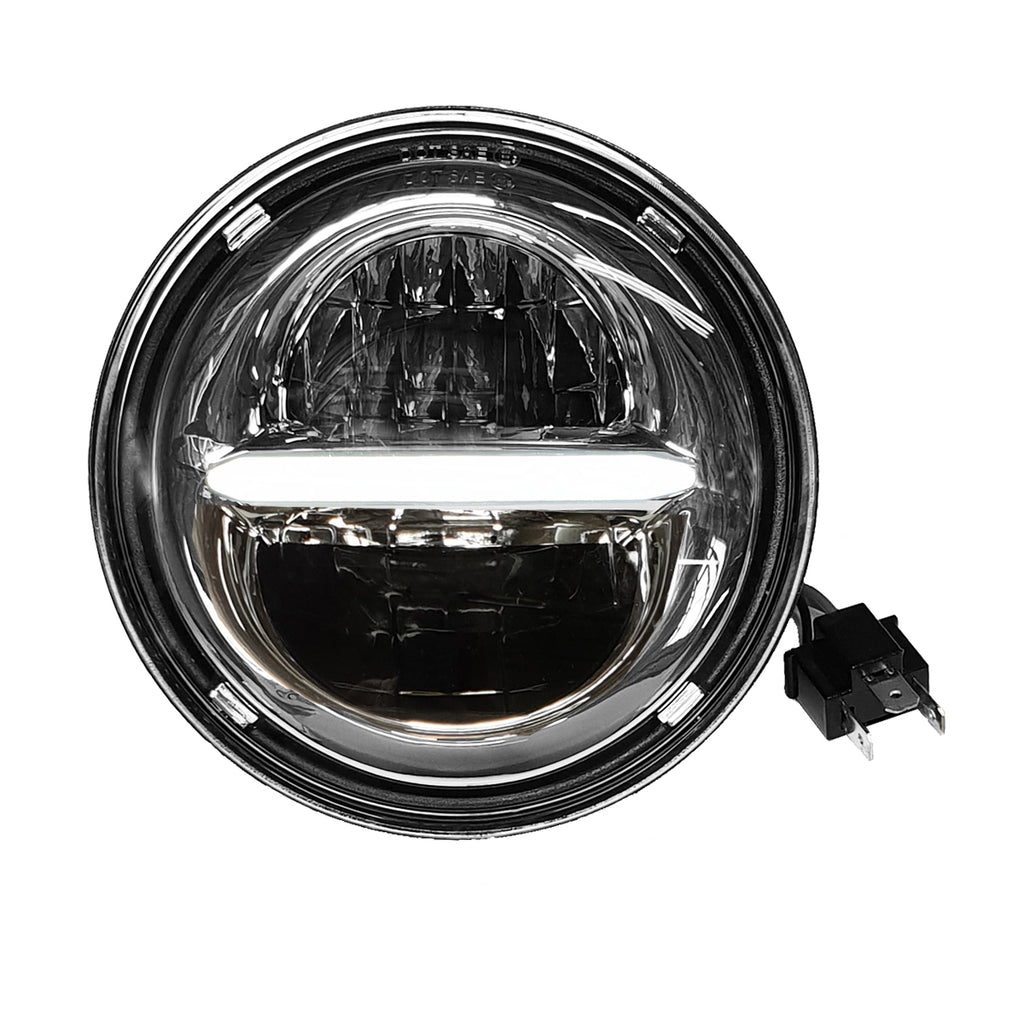Pathfinder Classic 7-inch LED headlight with DRL in chrome finish, designed for vehicle illumination and style.